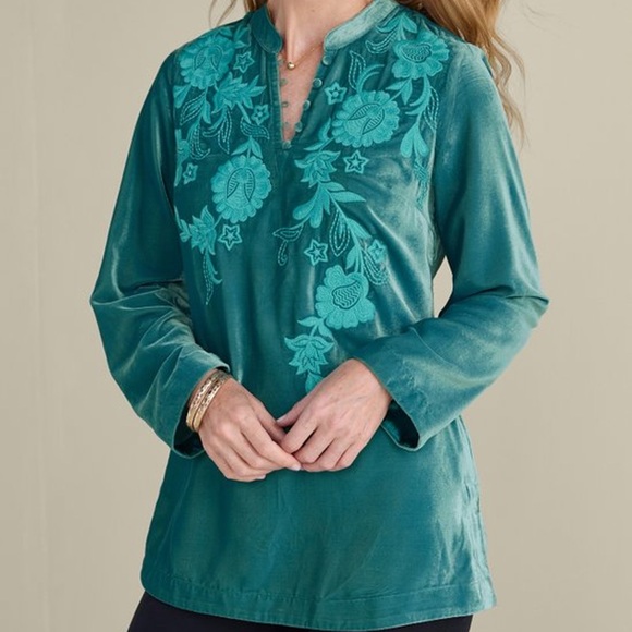 Soft Surroundings Gilda Embroidered Velvet Tunic 1X Turquoise Teal Embroidered - Picture 1 of 6
